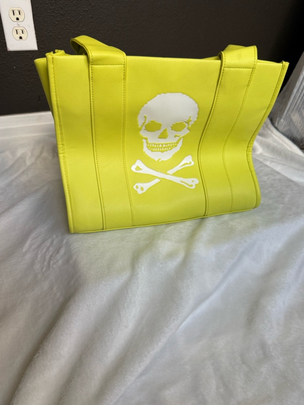 Betsey Johnson Neon Yellow Tote with White Skull Graphic